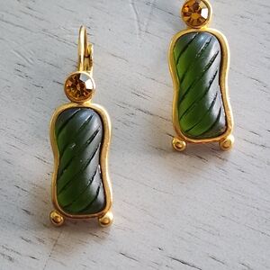 Gold-Tone Green Glass Drop Earrings - Amber Colored Rhinestone Unbranded
